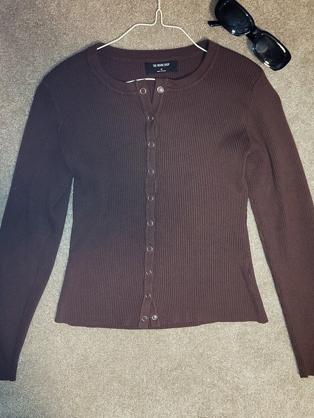 Chocolate Ribbed Button-Front Long Sleeve Top